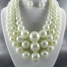 3 LAYERED WHITE COLOR MULTI PEARL BALL NECKLACE SET. 17"L - 4"EXTENDER  EARRINGS