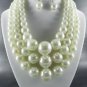 3 LAYERED WHITE COLOR MULTI PEARL BALL NECKLACE SET. 17"L - 4"EXTENDER  EARRINGS
