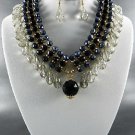 PLATED METAL AB TEAR DROP STONE DANGLING NECKLACE SET. 17"L - 3"EXTEND  EARRINGS