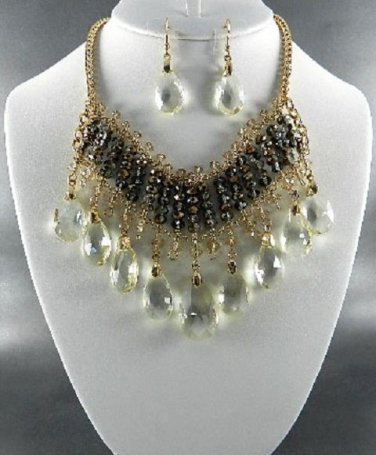#2 METAL AB TEAR DROP STONE DANGLING NECKLACE SET. 17"L - 3"EXTEND  EARRINGS