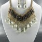 #2 METAL AB TEAR DROP STONE DANGLING NECKLACE SET. 17"L - 3"EXTEND  EARRINGS