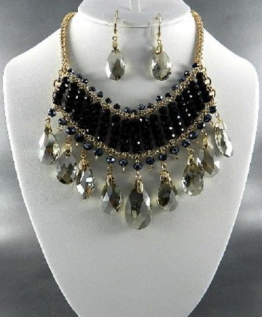 #3 METAL AB TEAR DROP STONE DANGLING NECKLACE SET. 17"L - 3"EXTEND  EARRINGS