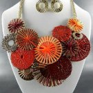 #2 GOLD PLATED METAL DECO FABRIC MULTI DISK NECKLACE SET. 18"L - 3"EXTE EARRINGS
