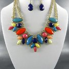 GOLD PLATED METAL MULTI COLORS, BLUE or RED TONE BEADS NECKLACE SE with Earrings