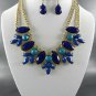 GOLD PLATED METAL MULTI COLORS, BLUE or RED TONE BEADS NECKLACE SE with Earrings