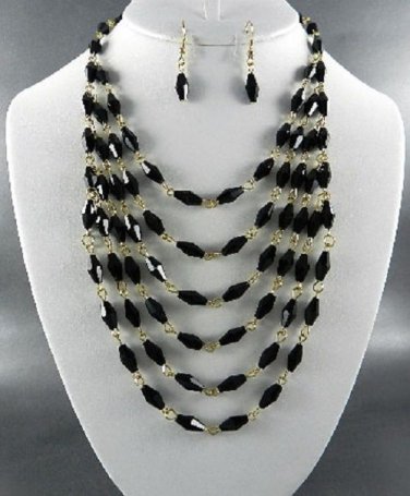 MULTI LAYERED DOUBLE TONE GLASS BEADS NECKLACE SET. 17"L - 4"EXTEND w Earrings