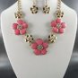 Pink Flowered Stone Necklace and Earrings Pink or Cream or Red