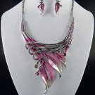 'Pink FASHION EPOXY METAL LEAF NECKLACE SET. 18"L W 4" Ext Earrings