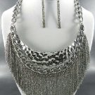 'SILVER PLATE HAMMERED METAL TASSEL DANGLING NECKLACE SET. 18"L - 3"EX EARRINGS
