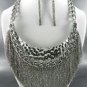 'SILVER PLATE HAMMERED METAL TASSEL DANGLING NECKLACE SET. 18"L - 3"EX EARRINGS