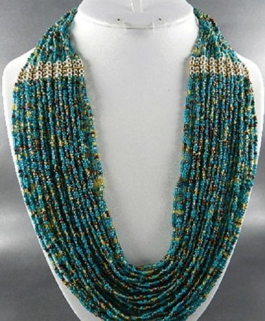 'QUALITY SEED BEADS TURQUOISE COLOR MULTI STRING NECKLACE. 19"L..EARRINGS