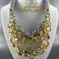'H -METALLIC FABRIC BASE LINKED METAL NECKLACE SET.17"L - 4"EXT-  EARRINGS