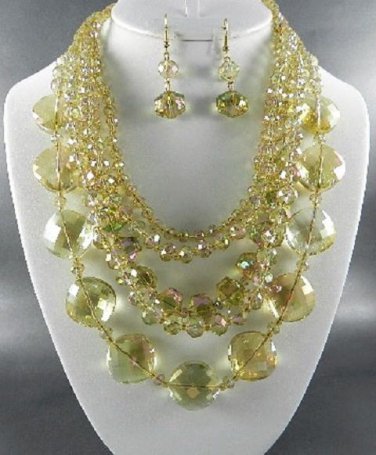 &TopazMULTI LAYERED AB GLASS BEADS NECKLACE SET18"L - 4"EXTENDER. and EARRINGS