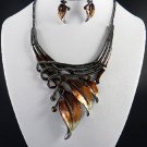 Golden Brown  FASHION EPOXY METAL LEAF NECKLACE SET. 18"L W 4" Ext Earrings