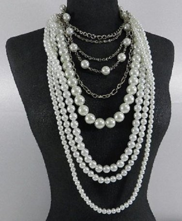 Multi Layered White Pearl with Chains Necklace  36"  #2