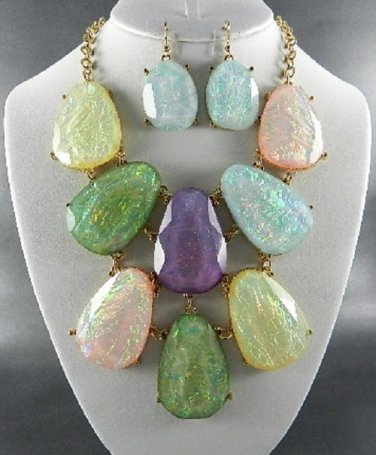 CHUNKY MARBLE LOOKING ABALONE COLOR Mix NECKLACE SET18"L- 4"EXTEND with Earrings