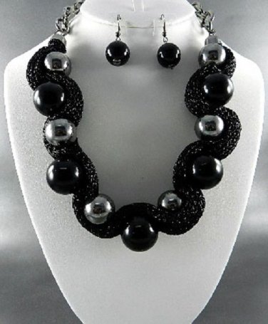 Pretty B METALLIC FABRIC BASE BALL NECKLACE SET. 17"L - 3"-  EARRINGS