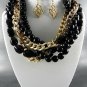 GOLD PLATED METAL BRAID BLACK NECKLACE SET. 17"L - 4"EXTENDER-  EARRINGS
