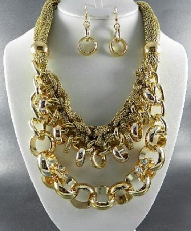 3 Colors -METALLIC FABRIC BASE LINKED METAL NECKLACE SET.17"L - 4"EXT-  EARRINGS