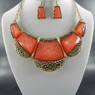 HAMMERED GOLD METAL BASE OPAL ORANGE PENDANT NECKLACE S EARRINGS