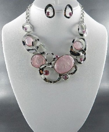 Pink Beautiful Opal Look Stones Necklace and Earring Set 18" L wit