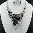 Gor Black and Gray FASHION EPOXY METAL LEAF NECKLACE SET. 18"L W 4" Ext Earrings