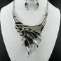 Gor Black and Gray FASHION EPOXY METAL LEAF NECKLACE SET. 18"L W 4" Ext Earrings