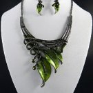 Green FASHION EPOXY METAL LEAF NECKLACE SET. 18"L W 4" Ext Earrings