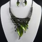Green FASHION EPOXY METAL LEAF NECKLACE SET. 18"L W 4" Ext Earrings