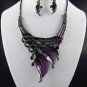 Purple FASHION EPOXY METAL LEAF NECKLACE SET. 18"L W 4" Ext Earrings