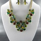 Green GOLD PLATED METAL MULTI TONE FLORAL NECKLACE SET. 17"L  EARRINGS