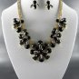 Black GOLD PLATED METAL MULTI TONE FLORAL NECKLACE SET. 17"L  EARRINGS