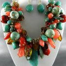 GOLD PLATED METAL MULTI TONE BEADS CHUNKY NECKLACE SET. 18"L - 4"EXTEN  EARRINGS