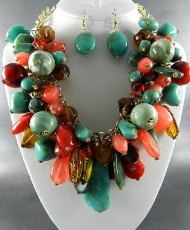 GOLD PLATED METAL MULTI TONE BEADS CHUNKY NECKLACE SET. 18"L - 4"EXTEN  EARRINGS