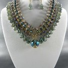 PLATED METAL  TEAR DROP STONE DANGLING NECKLACE SET. 17"L - 3"EXTEND  EARRINGS