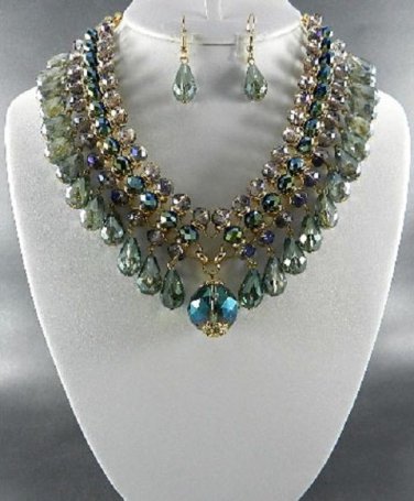 PLATED METAL  TEAR DROP STONE DANGLING NECKLACE SET. 17"L - 3"EXTEND  EARRINGS