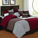 8pc Luxury QUEEN Comforter Set - Burgundy/ Brown/ Taupe