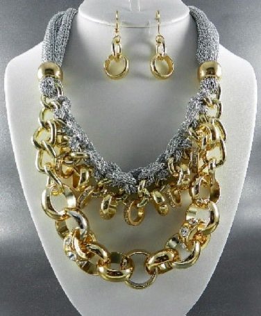 H -METALLIC FABRIC BASE LINKED METAL NECKLACE SET.17"L - 4"EXT-  EARRINGS