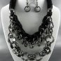 F -METALLIC FABRIC BASE LINKED METAL NECKLACE SET.17"L - 4"EXT-  EARRINGS