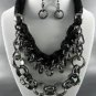 F -METALLIC FABRIC BASE LINKED METAL NECKLACE SET.17"L - 4"EXT-  EARRINGS