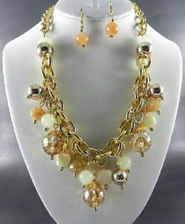 E GOLD PLATED METAL MULTI COLOR BEADS DANGLING NECKLACE  EARRINGS