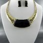 GOLD PLATE METAL STONE BLACK PENDANT NECKLACE SET. 17"L - 3"EXTEN EARRINGS