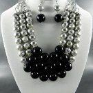 SILVER PLATED METAL QUALITY SILVER METAL BALL AND BLACK PEARL NECKLACE  EARRINGS