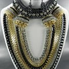 TRI TONE EGYPTIAN METAL BASE DECO RHINESTONE CHUNKY NECKLACE SET. 18"L  EARRINGS
