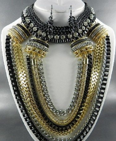 TRI TONE EGYPTIAN METAL BASE DECO RHINESTONE CHUNKY NECKLACE SET. 18"L  EARRINGS