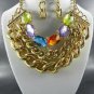 GOLD PLATED METAL DECO STONE CHAIN BASE CHOKER STYLE NECKLACE SET. 16"L EARRINGS