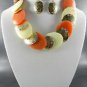 GOLD PLATED METAL DECO RHINESTONE DOUBLE TONE NECKLACE SET.ORANGE EARRINGS