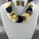 GOLD PLATED METAL DECO RHINESTONE DOUBLE TONE NECKLACE SET. Black EARRINGS