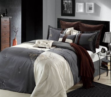 King 8pc Luxury Bedding Set Grace- Charcoal Gray / Ivory / Chocolate