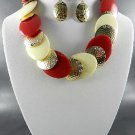 GOLD PLATED METAL DECO RHINESTONE DOUBLE TONE NECKLACE SET RED  EARRINGS